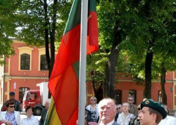 Prie paminklo Laisvei tautinę vėliavą pakėlė 1948 – ųjų metų tremtinys aktyvus sąjūdietis, Lietuvos parlamento gynėjas Algirdas Grina ir Jaunųjų šaulių būrio skyriaus vadas Anykščių Jono Biliūno gimnazijos gimnazistas baigęs jaunųjų šaulių inžinierių ir s