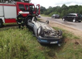 Avariją patyręs „Peugeot“ automobilis sustojo pakelės griovyje ant stogo. Autoriaus nuotr.