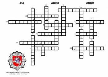 Horizontaliai: 1. ................... pėsčiųjų grupė – suplanuotu maršrutu, keliu einančių žmonių grupė, lydima atsakingų asmenų. 2. Šaligatvio pusė, kuria privalo eiti pėstieji. 4. Atšvaitas turi būti prisegtas kitiems eismo dalyviams ............  vietoje. 5. Pėstiesiems įžengti į važiuojamąją dalį, galima tik įsitikinus, kad tai saugu ir nebus  ............ transporto priemonėms. 8. Asmuo, kelkraščiu vedantis dviratį, privalo judėti transporto priemonių ............ kryptimi. 9. Vieta, kurioje pėstieji gali pereiti į kitą gatvės pusę. 11. Įstatymo numatyta sankcija už pėsčiųjų padarytus KET pažeidimus. 13. Priemonė su kuria galima važiuoti pėsčiųjų taku. 16. Prietaisas, reguliuojantis eismą. 18. Daiktas, privalomas turėti pėsčiajam tamsiu paros metu.Vertikaliai: 3. Kelio dalis kuria turi eiti pėstieji, nesant šaligatvio. 6. Vieta, kurioje draudžiama eiti pėstiesiems. 7. Pėstiesiems ............ eiti dviračiu taku. 10. Institucija nagrinėjanti pėsčiųjų padarytus kelių eismo taisyklių pažeidimus. 12. Kelio ženklas „ ............ takas“. 14. Asmuo, važiuojantis riedlente. 15. Kelių eismo taisyklės. 17. Spalva, kuria nuspalvintas pėsčiųjų perėjos ženklas. 19. Gyvūnas, kurio vardu vadinamas pėsčiųjų perėjos ženklas. 20. Pusė, į kurią pirmiausia privalo pasižiūrėti pėstysis, eidamas per gatvę.