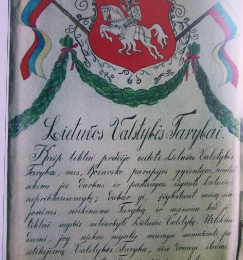 Kavarsko gyventojų pasveikinimas Lietuvos tarybai, surašytas 1918 m. rudenį. Nuotr. iš albumo